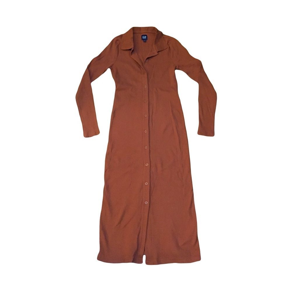 Gap XS extra small midi front button up Ribbed
long sleeve collar dress Auburn